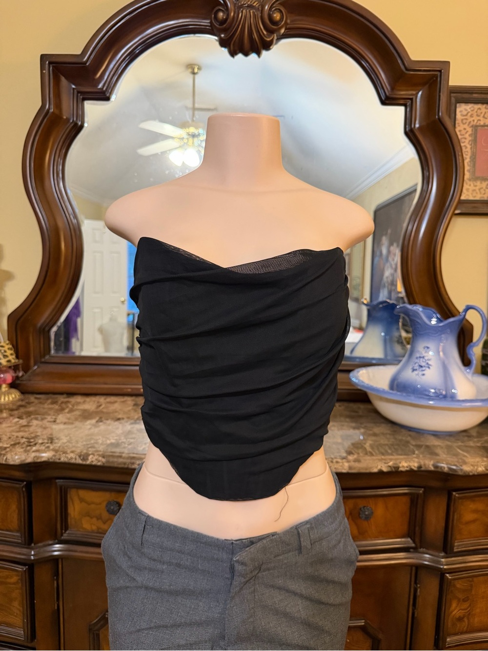 Black Strapless Ruched Crop Top